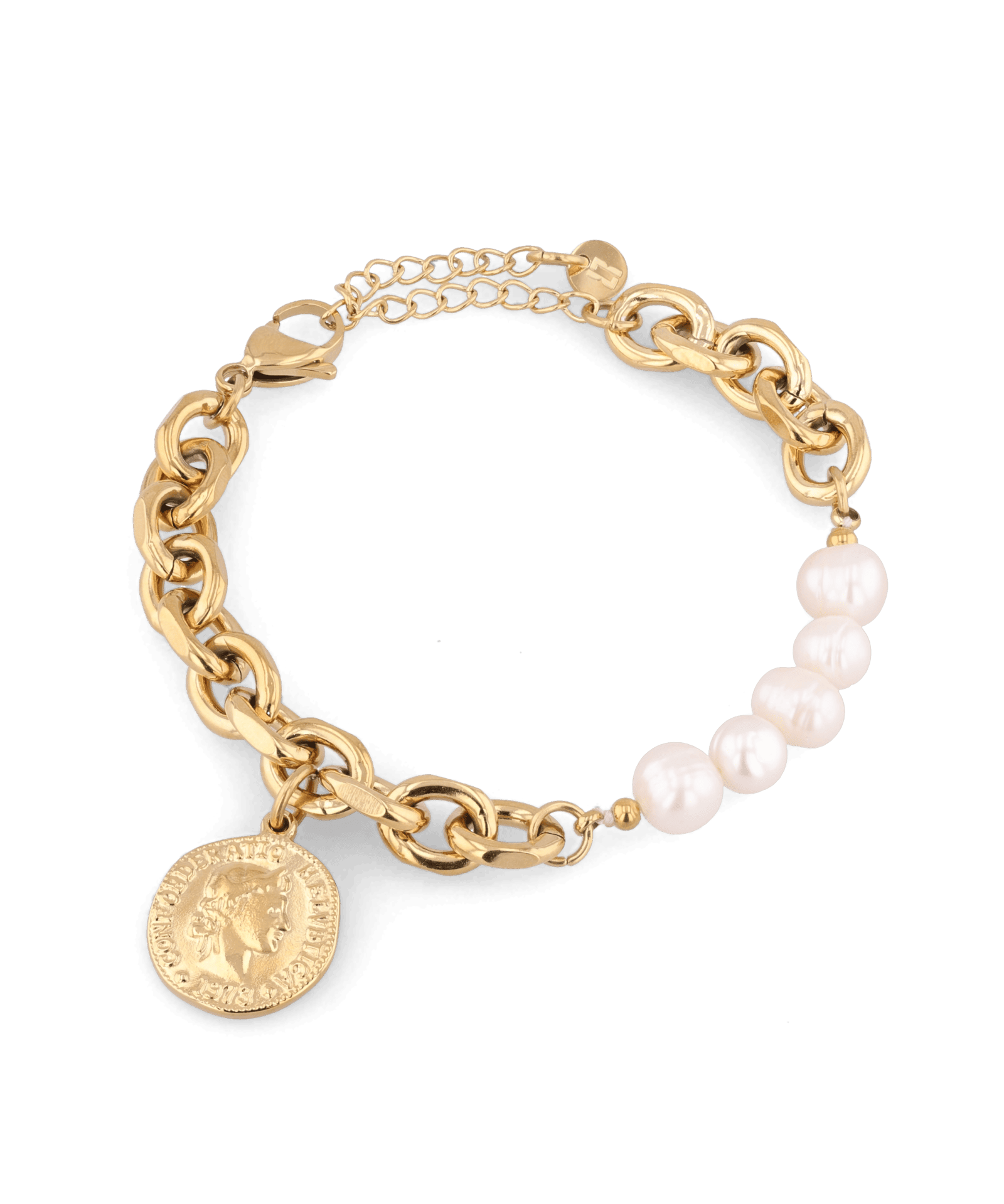 Sicily Gold Pearl Bracelet by Lavana, chunky link chain with freshwater pearls and coin medallion charm