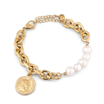 Sicily Gold Pearl Bracelet by Lavana, chunky link chain with freshwater pearls and coin medallion charm