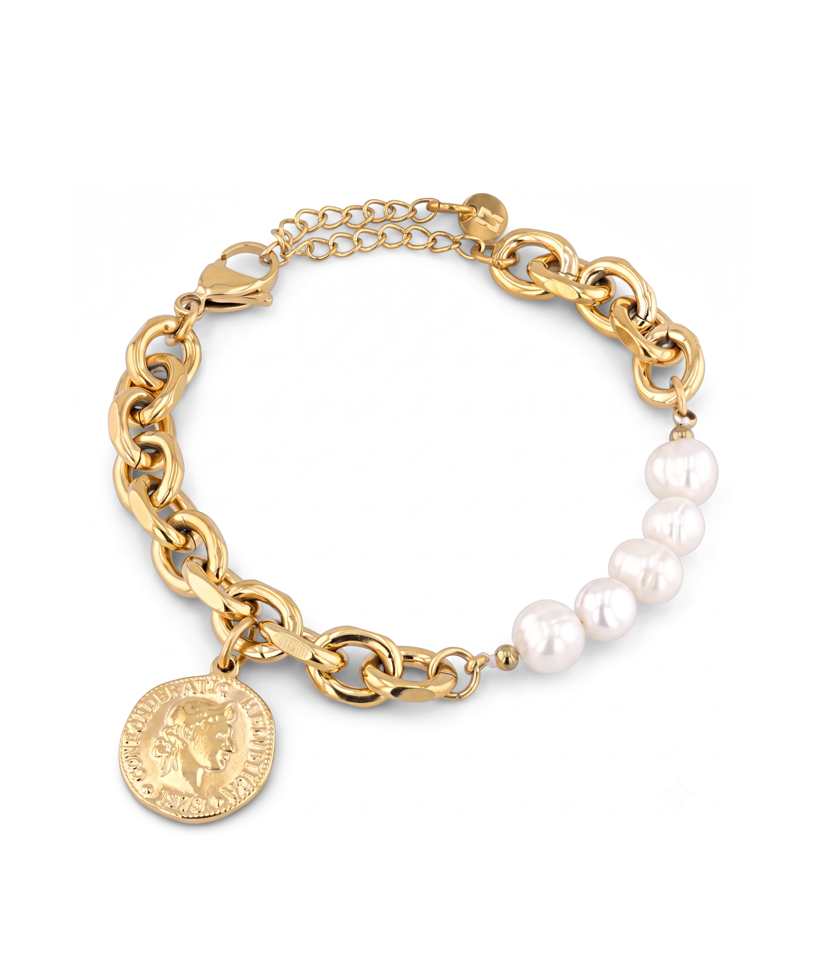 Sicily Gold Pearl Bracelet by Lavana, chunky link chain with freshwater pearls and coin medallion charm