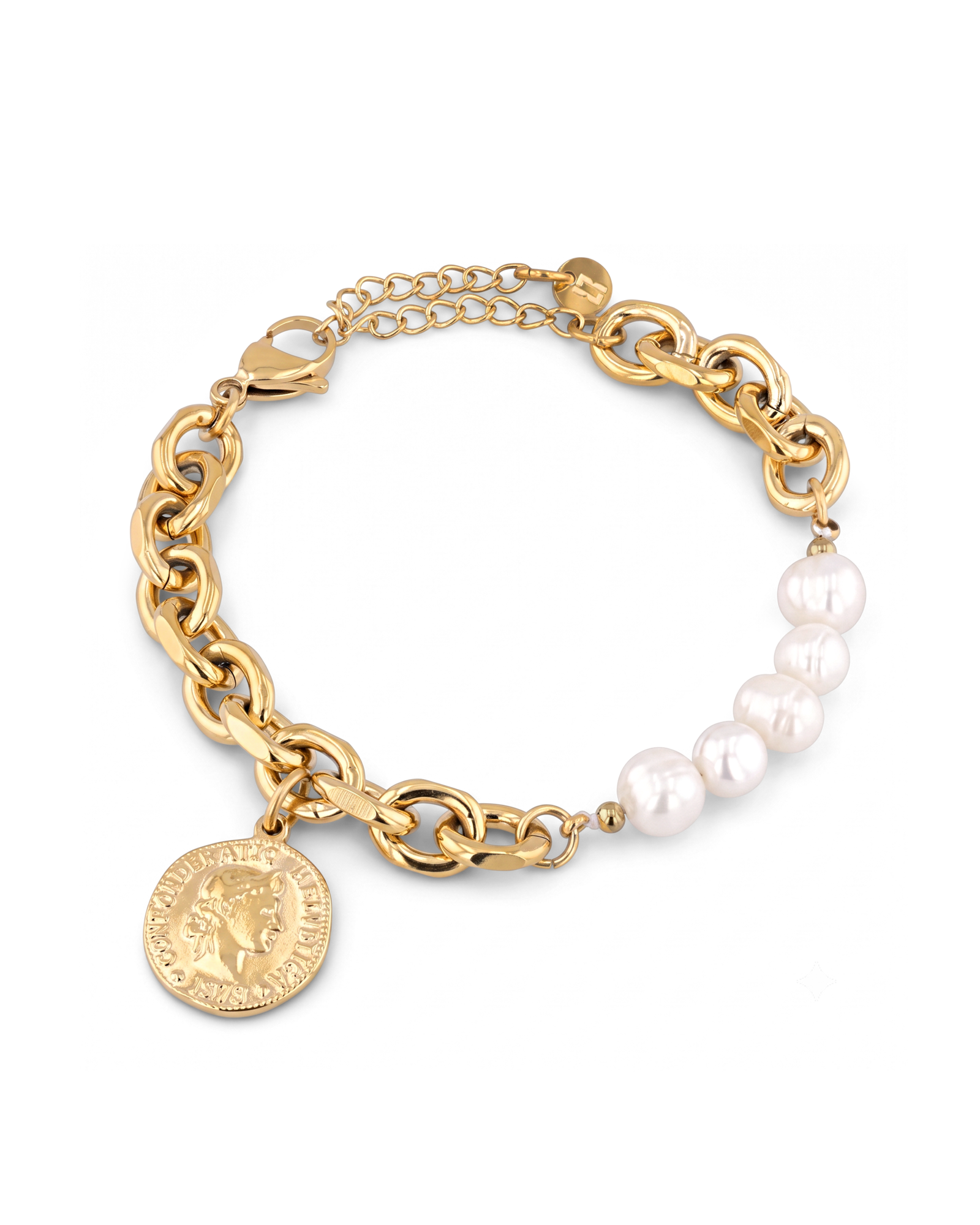 Sicily Gold Pearl Bracelet by Lavana, chunky link chain with freshwater pearls and coin medallion charm