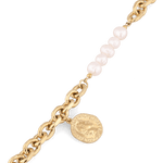 Sicily Gold Pearl Bracelet by Lavana, chunky link chain with freshwater pearls and coin medallion charm