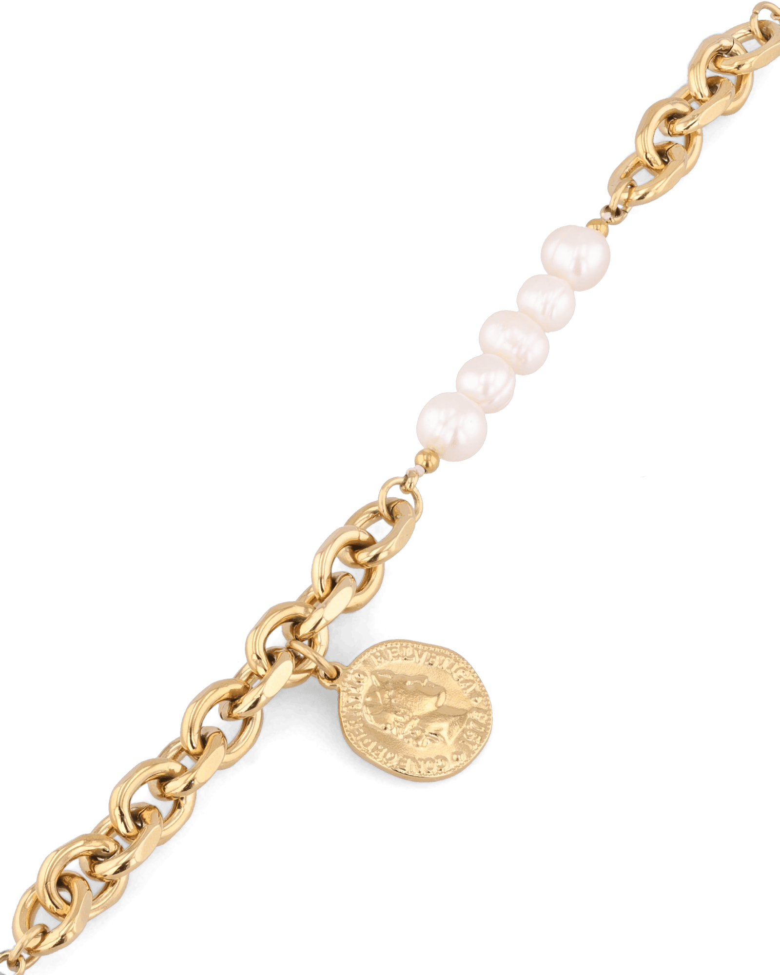 Sicily Gold Pearl Bracelet by Lavana, chunky link chain with freshwater pearls and coin medallion charm