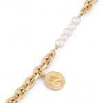 Sicily Gold Pearl Bracelet by Lavana, chunky link chain with freshwater pearls and coin medallion charm