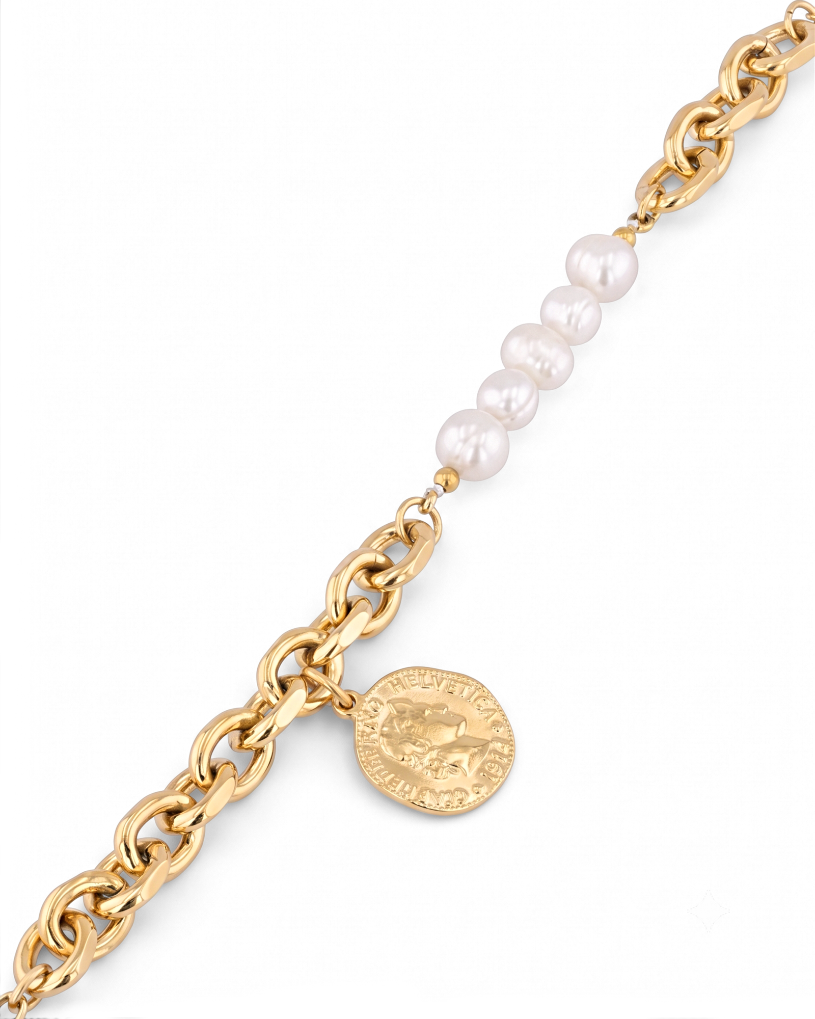 Sicily Gold Pearl Bracelet by Lavana, chunky link chain with freshwater pearls and coin medallion charm