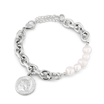 Sicily Silver Pearl Bracelet by Lavana, chunky link chain with freshwater pearls and coin medallion charm