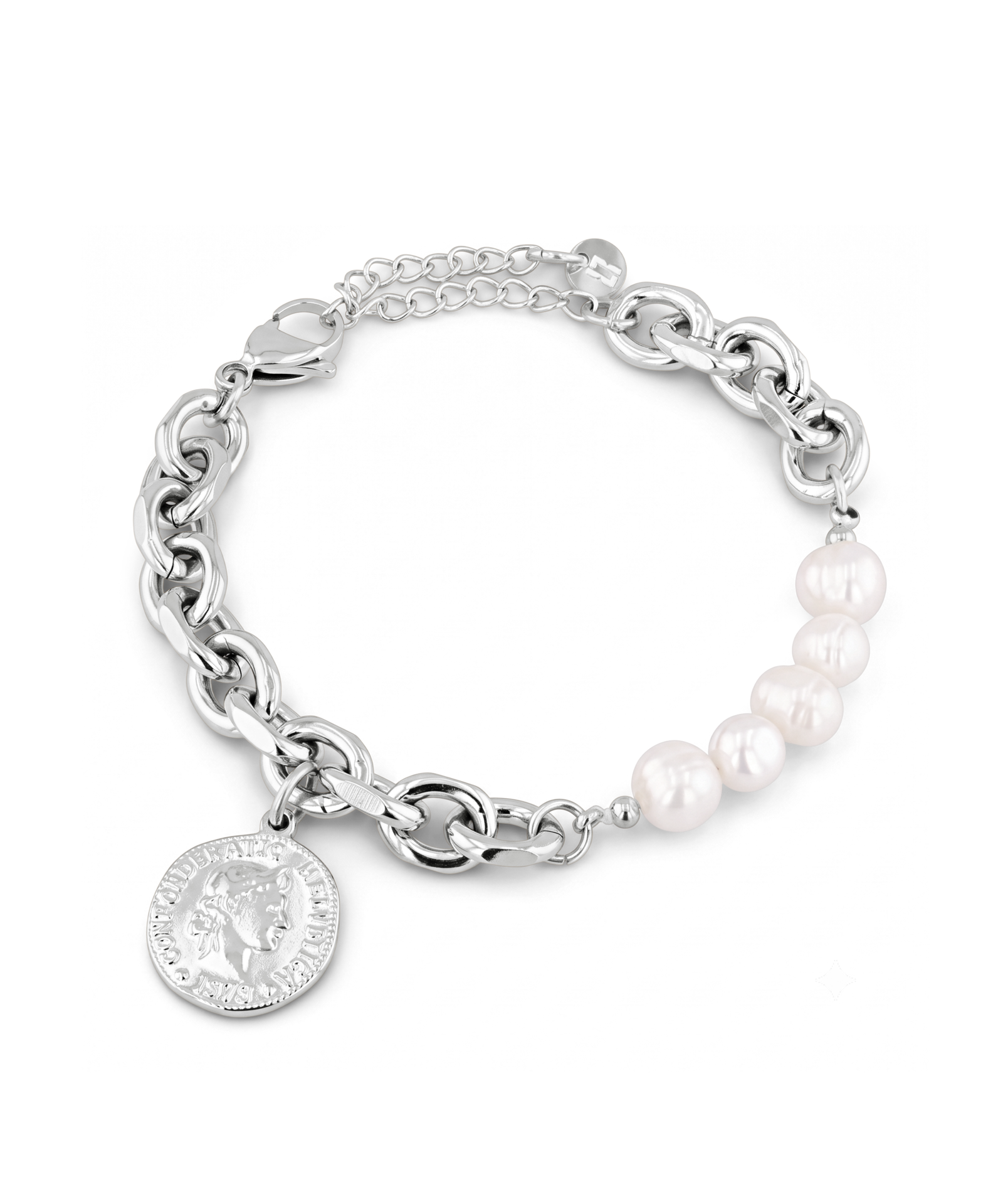Sicily Silver Pearl Bracelet by Lavana, chunky link chain with freshwater pearls and coin medallion charm