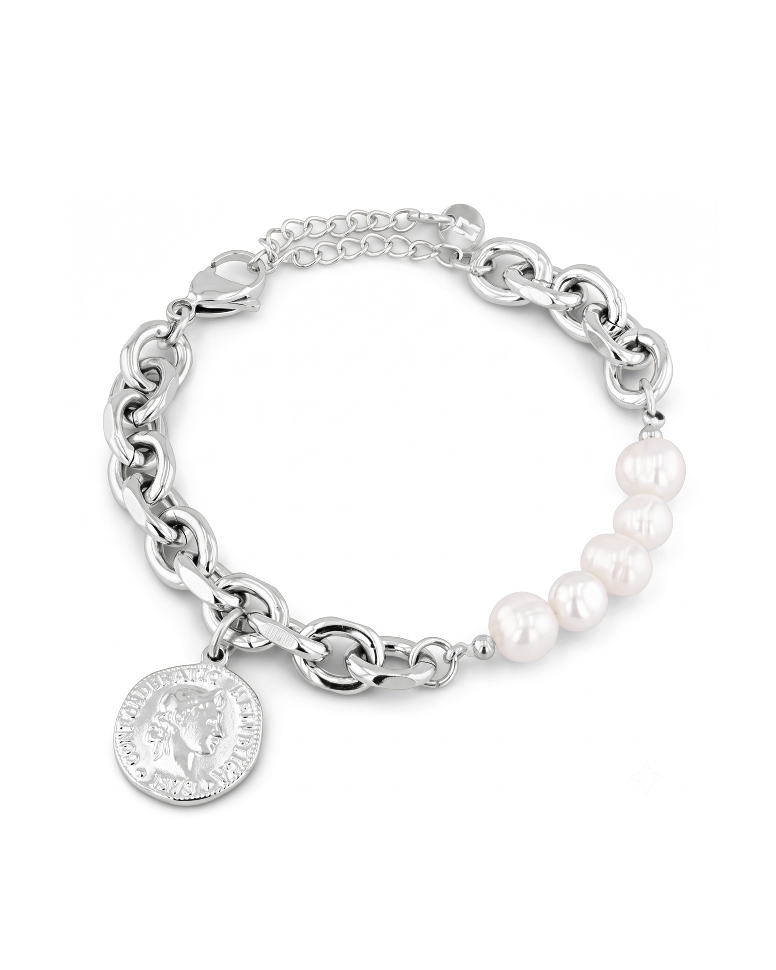 Sicily Silver Pearl Bracelet by Lavana, chunky link chain with freshwater pearls and coin medallion charm