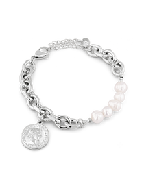 Sicily Silver Pearl Bracelet by Lavana, chunky link chain with freshwater pearls and coin medallion charm