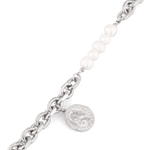 Sicily Silver Pearl Bracelet by Lavana, chunky link chain with freshwater pearls and coin medallion charm