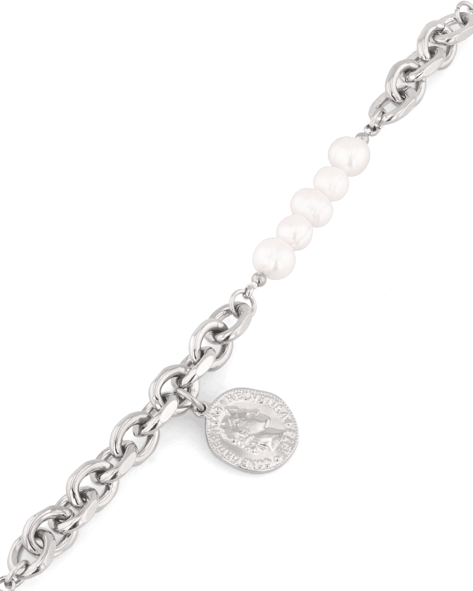 Sicily Silver Pearl Bracelet by Lavana, chunky link chain with freshwater pearls and coin medallion charm