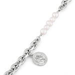 Sicily Silver Pearl Bracelet by Lavana, chunky link chain with freshwater pearls and coin medallion charm