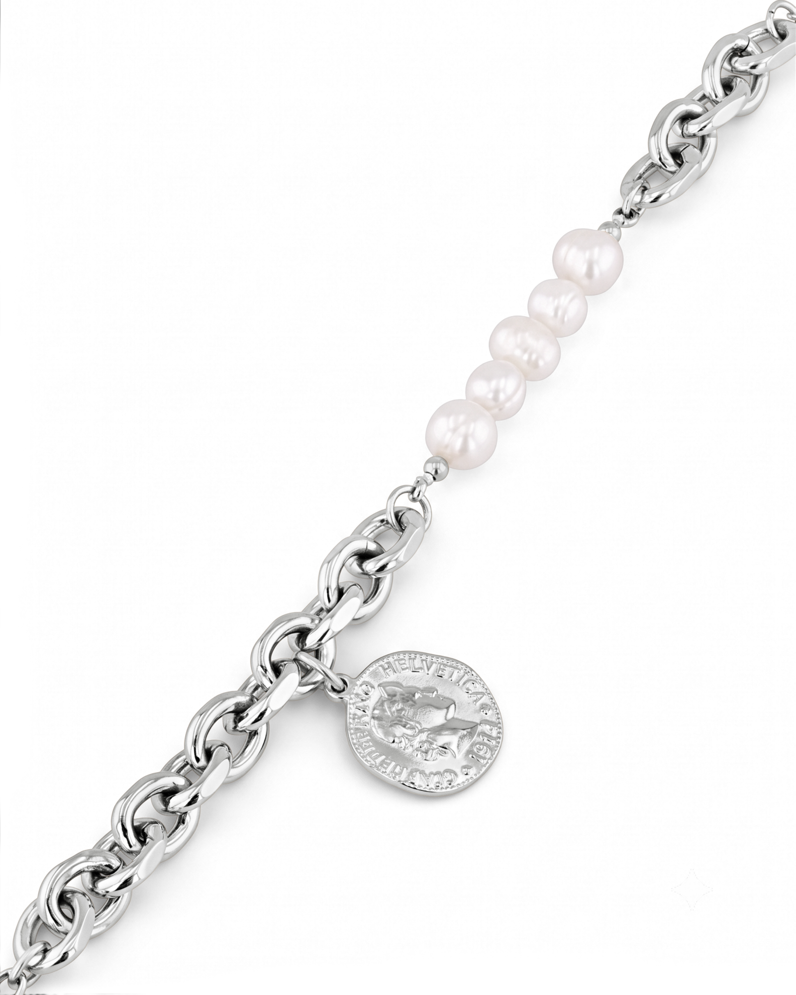 Sicily Silver Pearl Bracelet by Lavana, chunky link chain with freshwater pearls and coin medallion charm