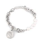 Sicily Silver Pearl Bracelet by Lavana, chunky link chain with freshwater pearls and coin medallion charm