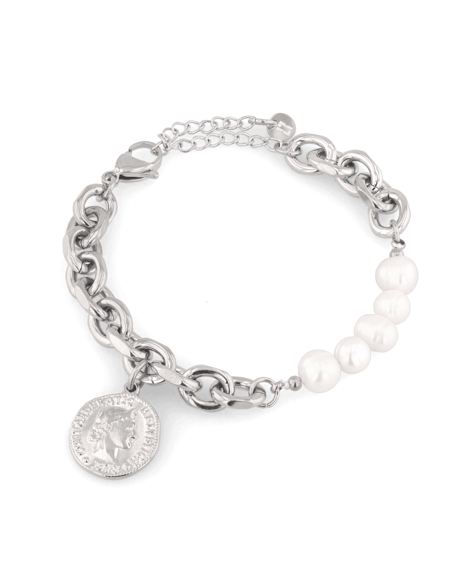 Sicily Silver Pearl Bracelet by Lavana, chunky link chain with freshwater pearls and coin medallion charm