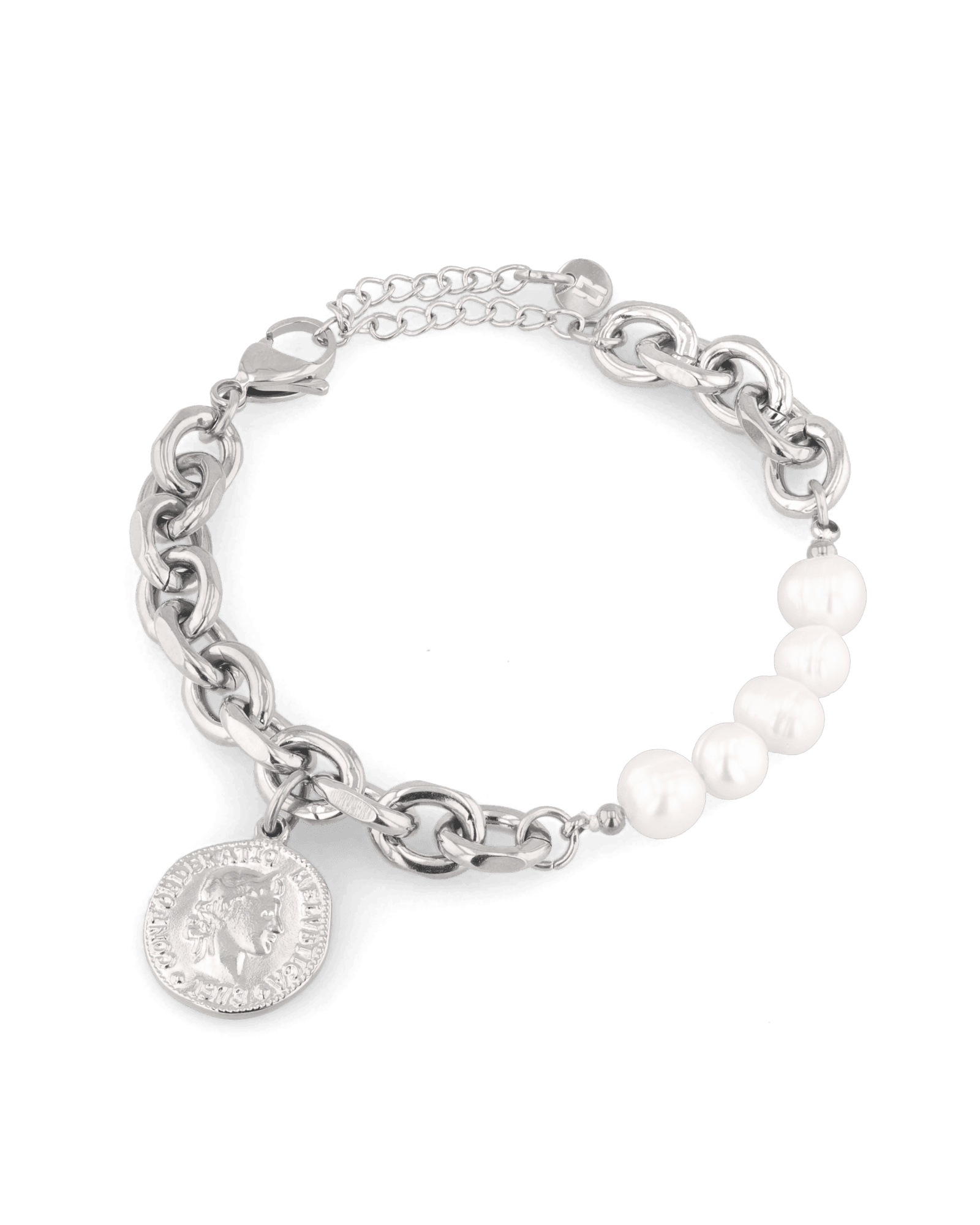 Sicily Silver Pearl Bracelet by Lavana, chunky link chain with freshwater pearls and coin medallion charm