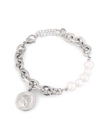Sicily Silver Pearl Bracelet by Lavana, chunky link chain with freshwater pearls and coin medallion charm