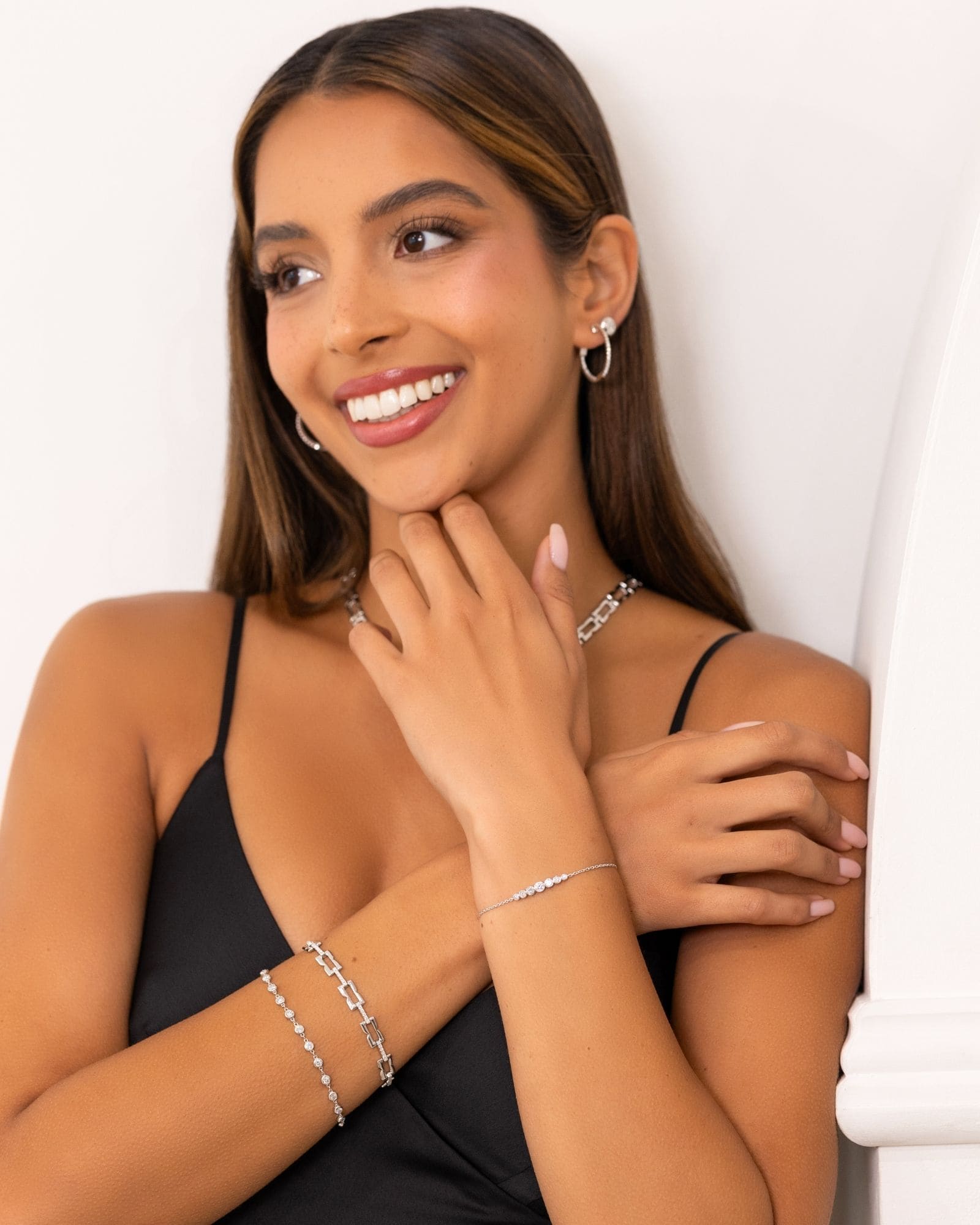 Small Illuminate Silver Diamond Bracelet by Lavana on model with petite bezel set lab grown diamonds and slider adjuster