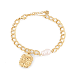 Sorrento Gold Pearl Bracelet by Lavana, chunky link chain with pearl and medallion charm