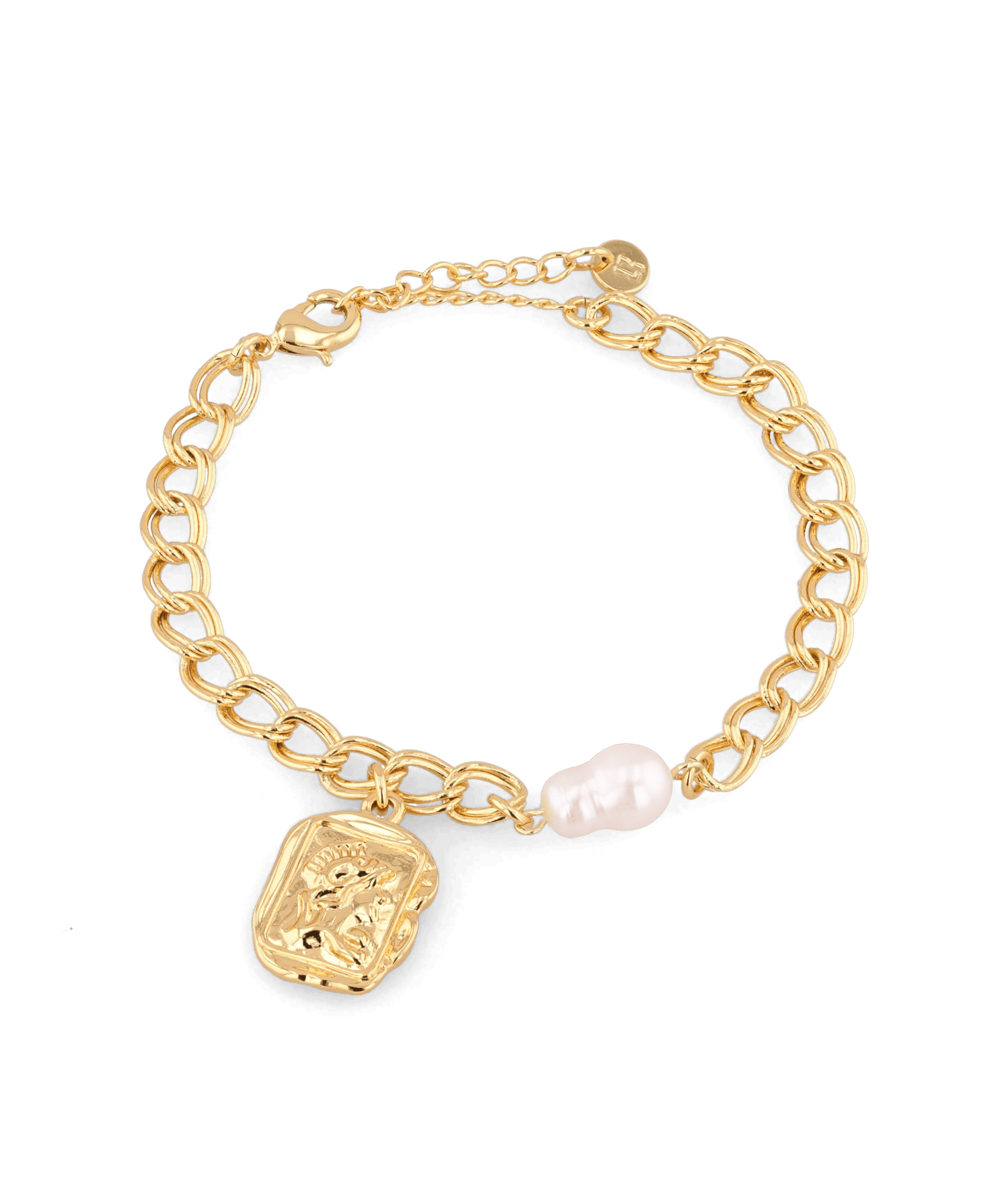Sorrento Gold Pearl Bracelet by Lavana, chunky link chain with pearl and medallion charm