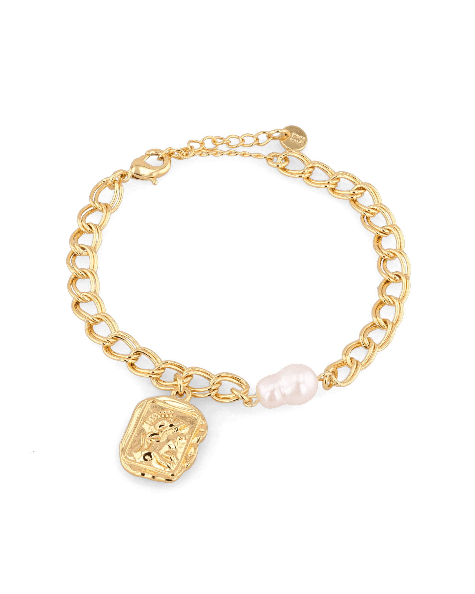 Sorrento Gold Pearl Bracelet by Lavana, chunky link chain with pearl and medallion charm