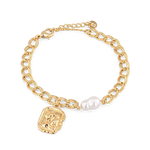 Sorrento Gold Pearl Bracelet by Lavana, chunky link chain with pearl and medallion charm