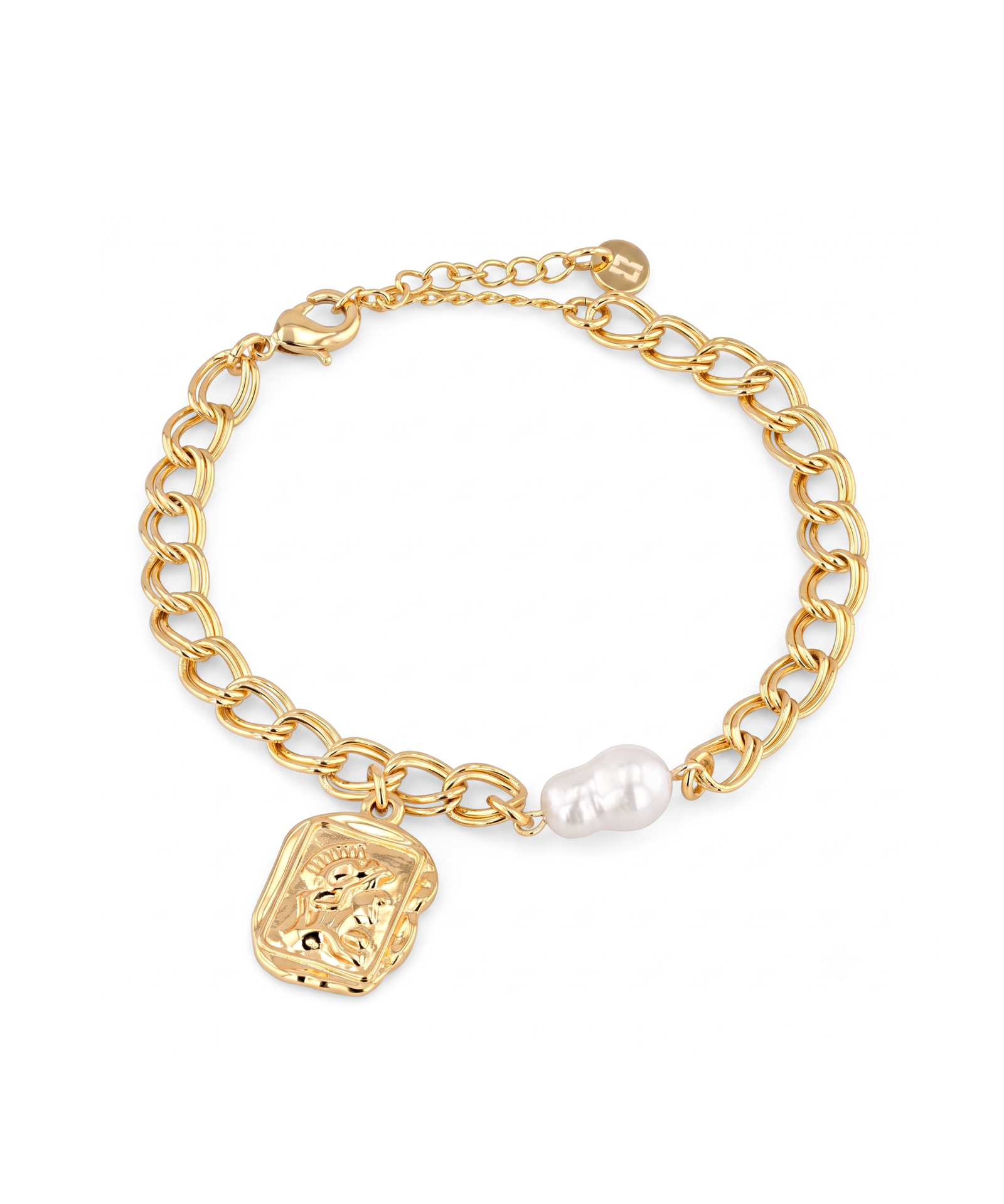 Sorrento Gold Pearl Bracelet by Lavana, chunky link chain with pearl and medallion charm