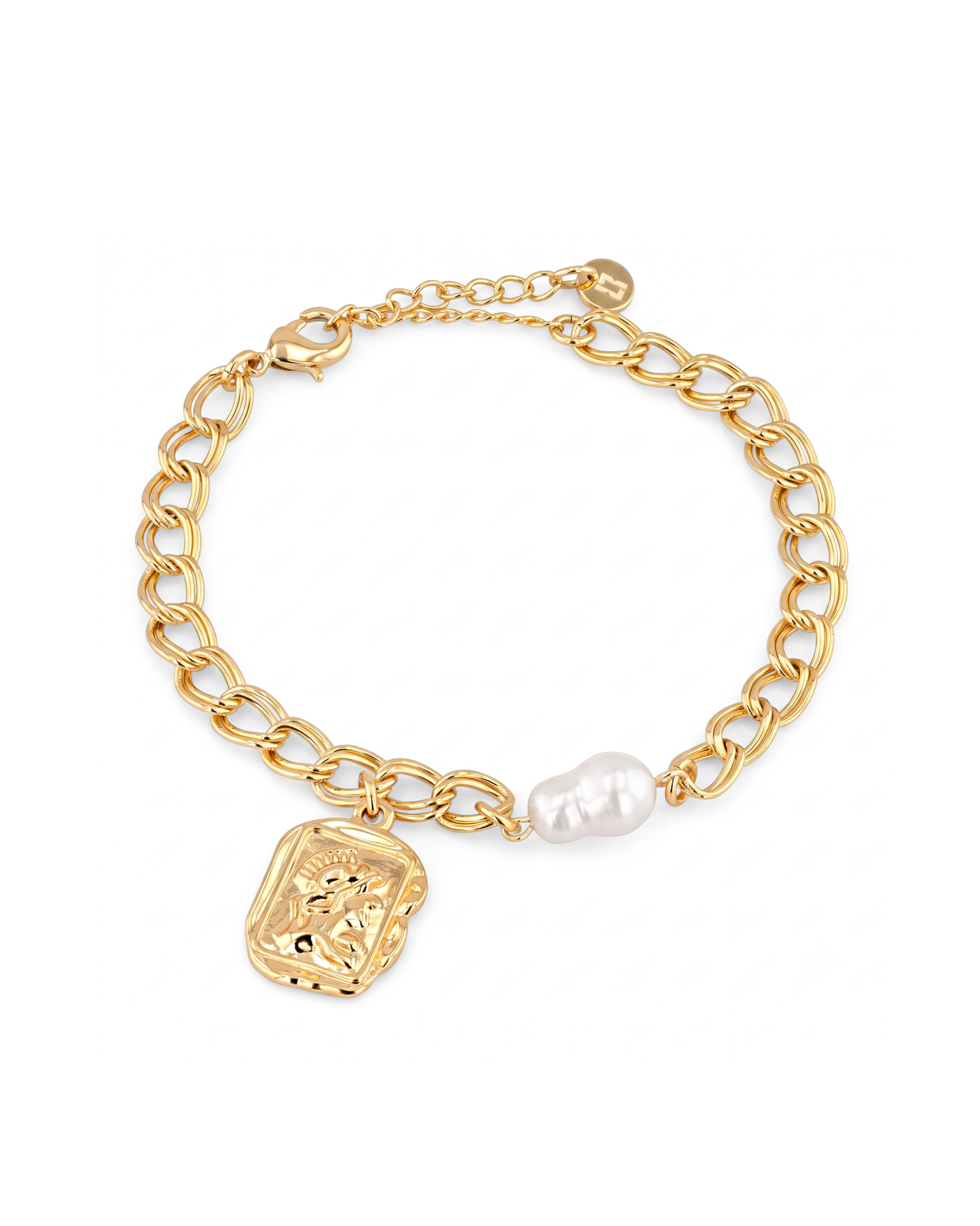 Sorrento Gold Pearl Bracelet by Lavana, chunky link chain with pearl and medallion charm