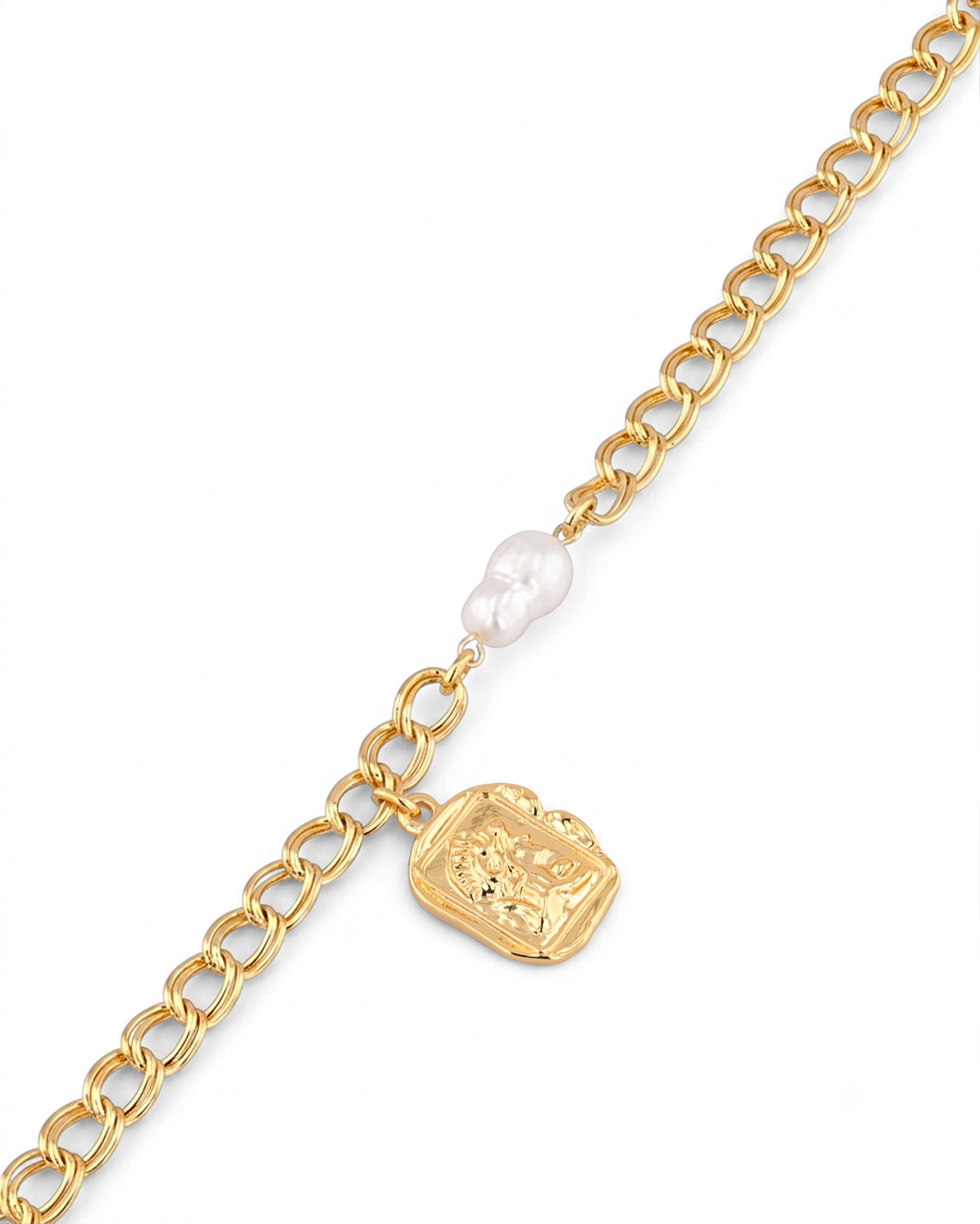 Sorrento Gold Pearl Bracelet by Lavana, chunky link chain with pearl and medallion charm