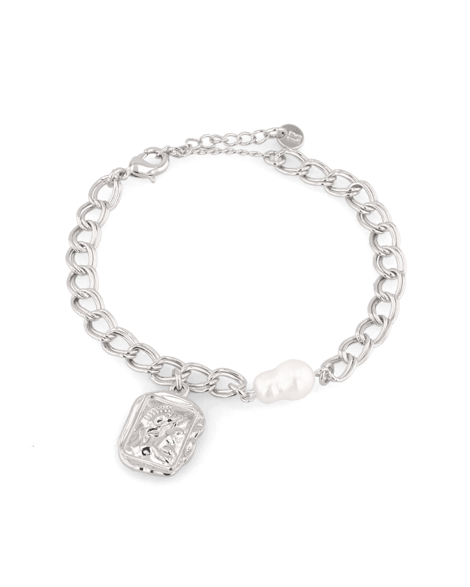 Sorrento Silver Pearl Bracelet by Lavana, chunky link chain with pearl and medallion charm