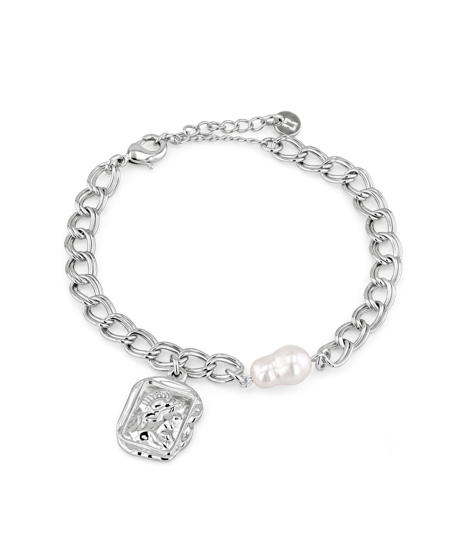 Sorrento Silver Pearl Bracelet by Lavana, chunky link chain with pearl and medallion charm