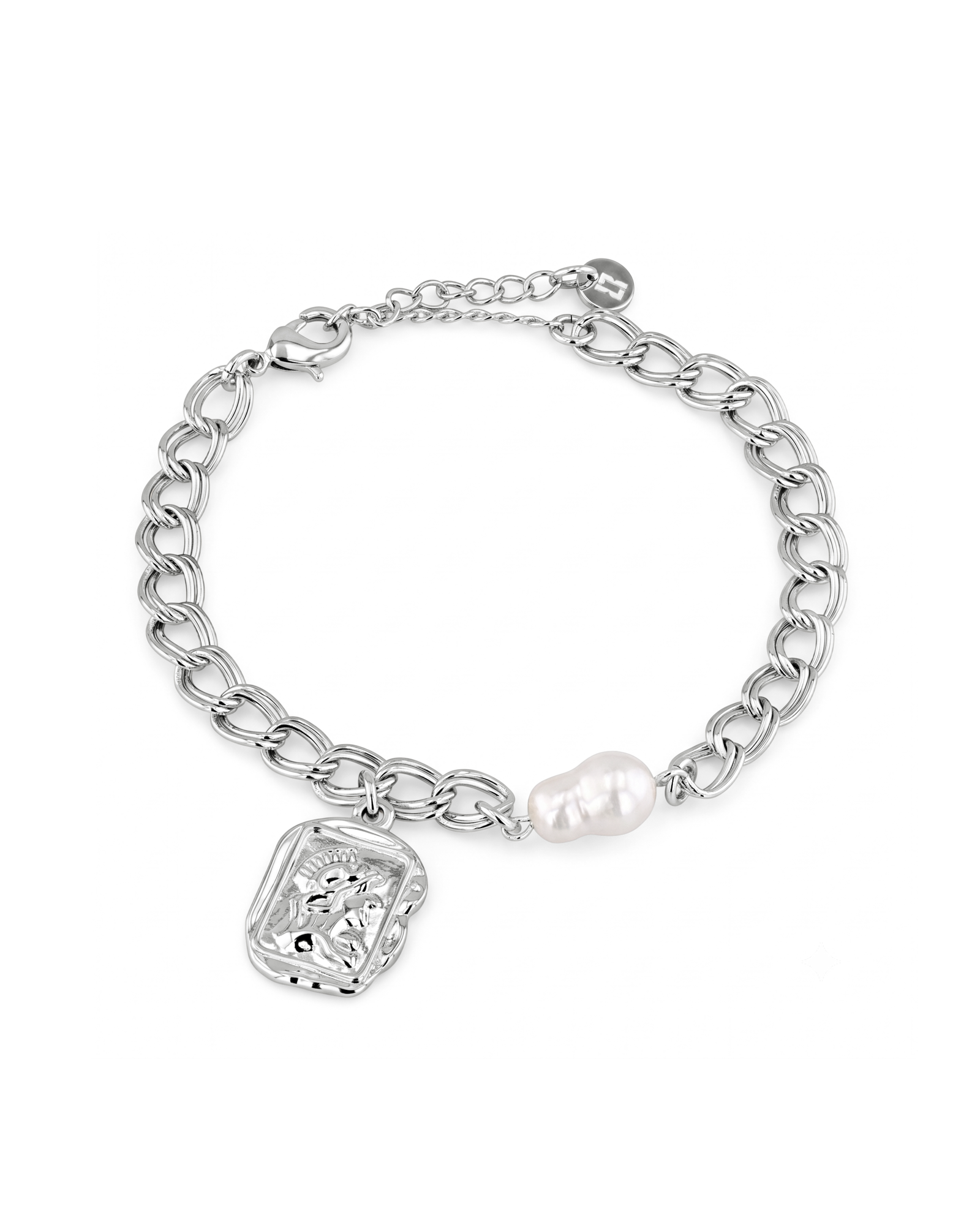Sorrento Silver Pearl Bracelet by Lavana, chunky link chain with pearl and medallion charm