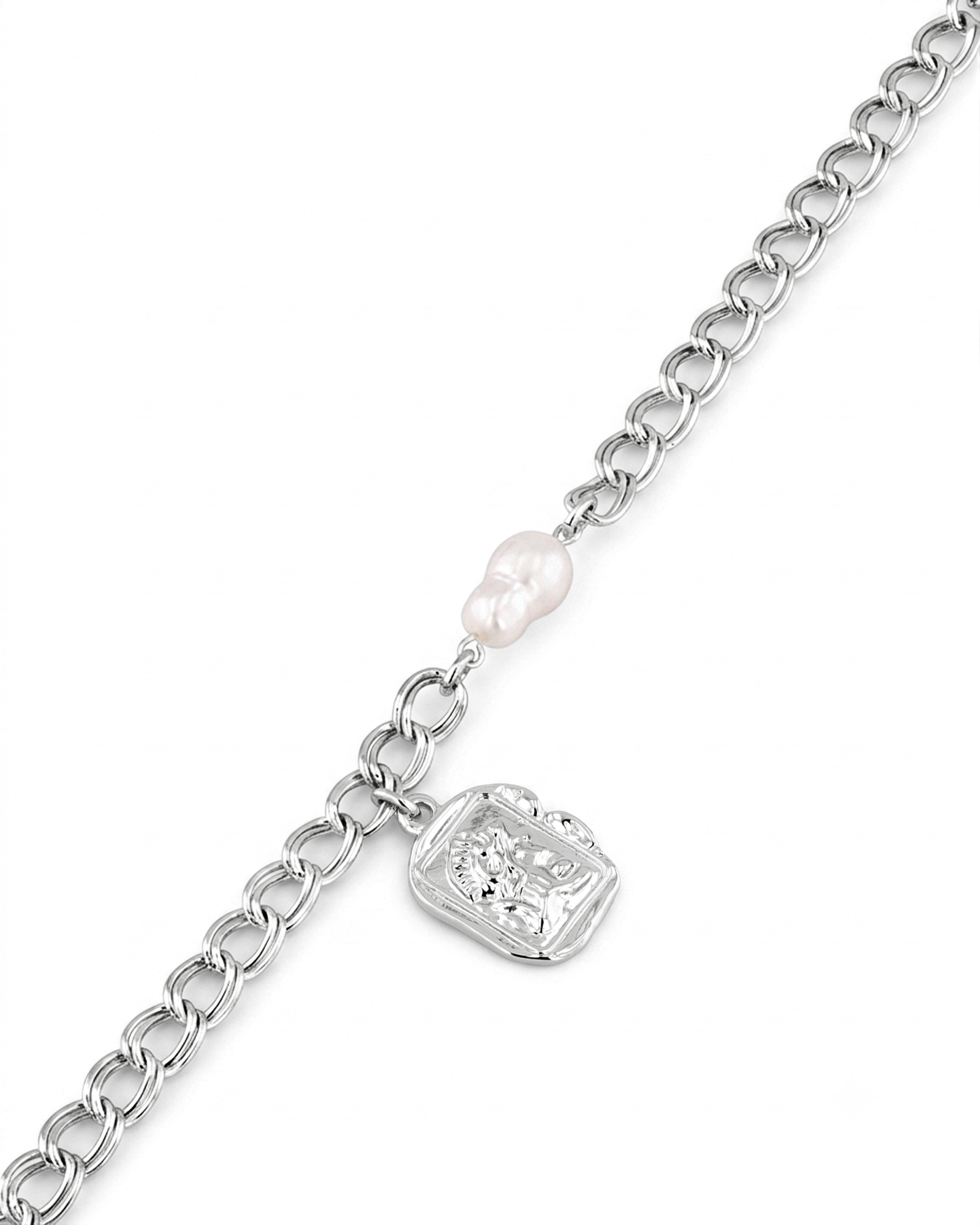 Sorrento Silver Pearl Bracelet by Lavana, chunky link chain with pearl and medallion charm
