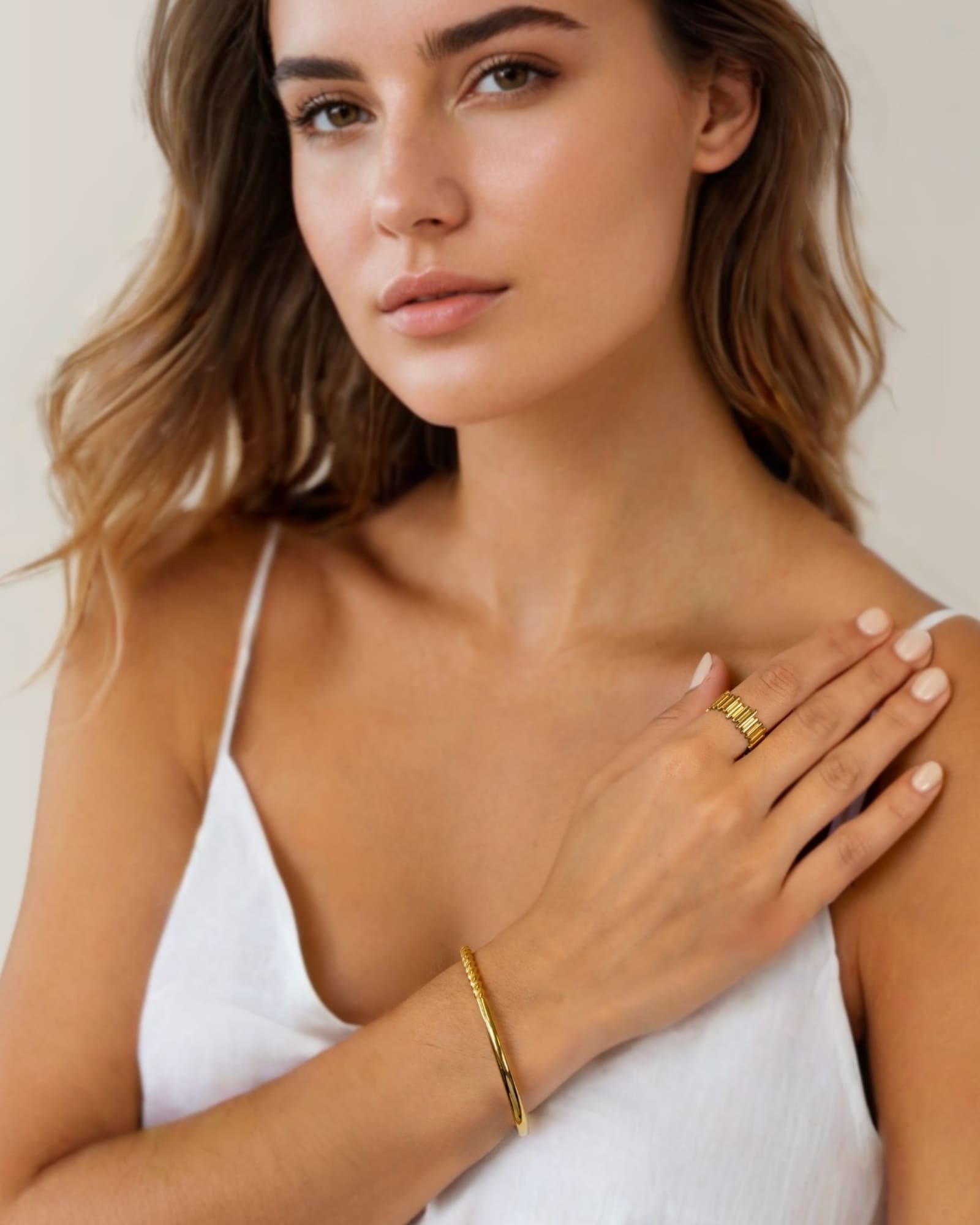 Splice Gold Cuff Bracelet by Lavana on model half rope half smooth open cuff