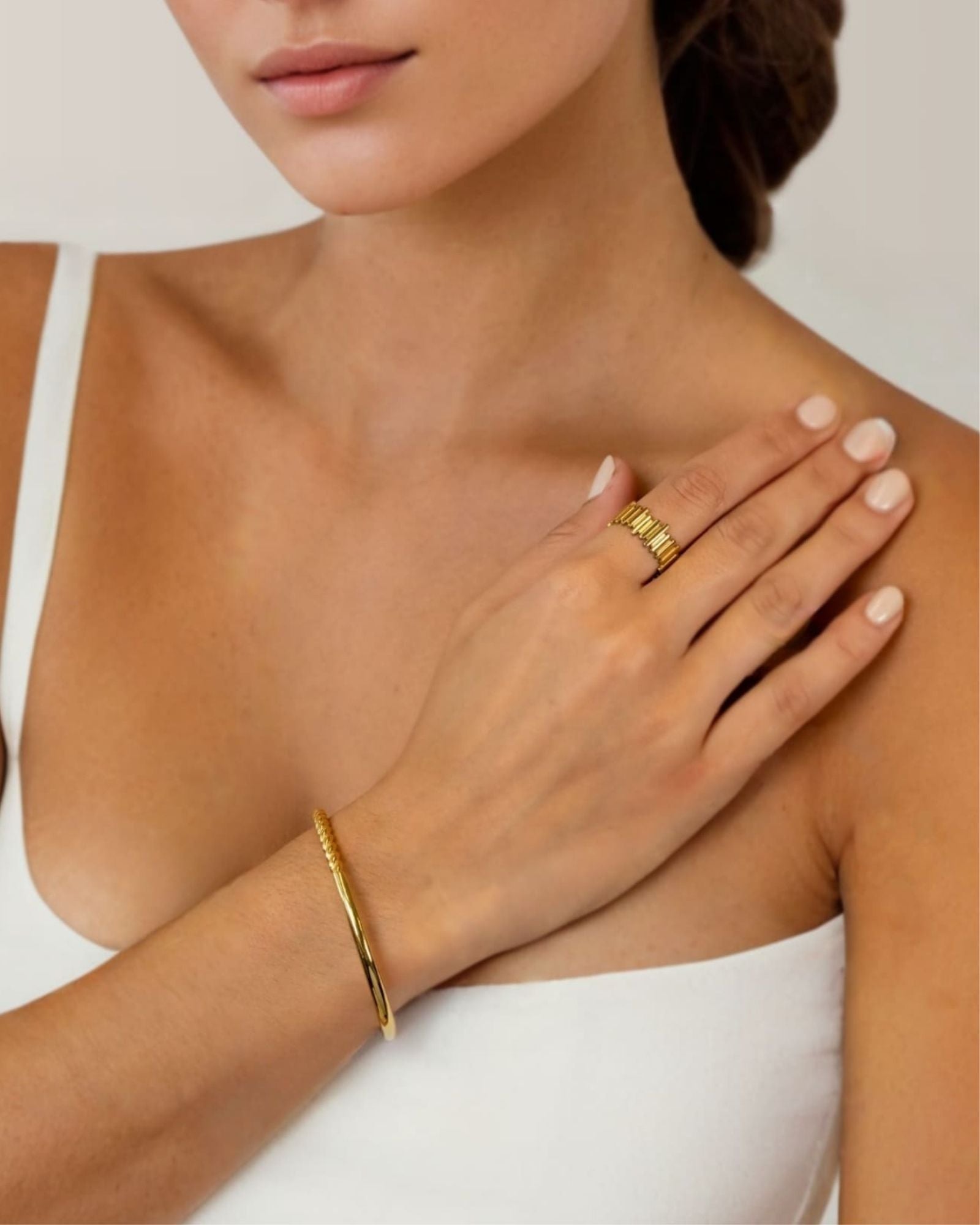 Splice Gold Cuff Bracelet by Lavana on model half rope half smooth open cuff