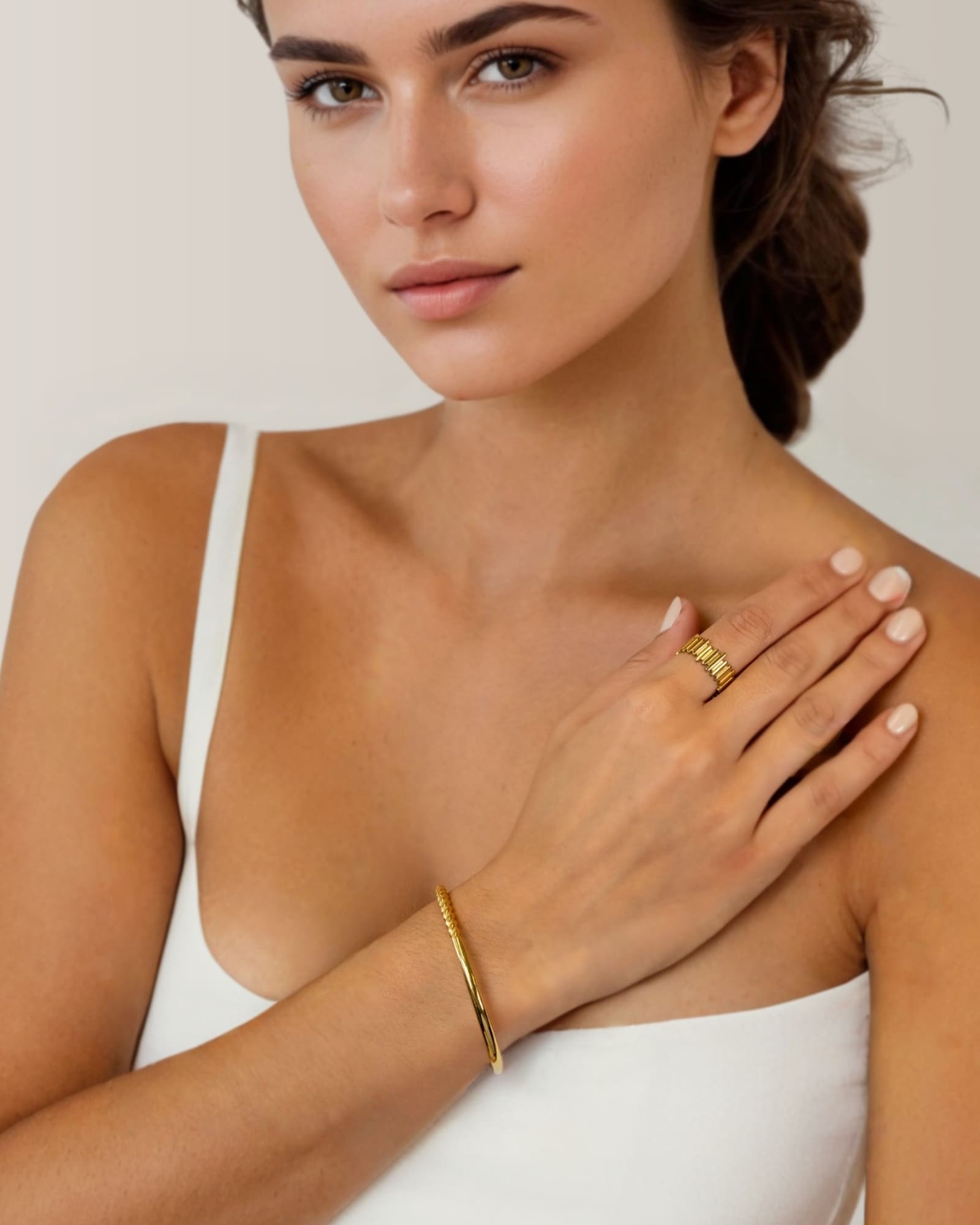 Splice Gold Cuff Bracelet by Lavana on model half rope half smooth open cuff
