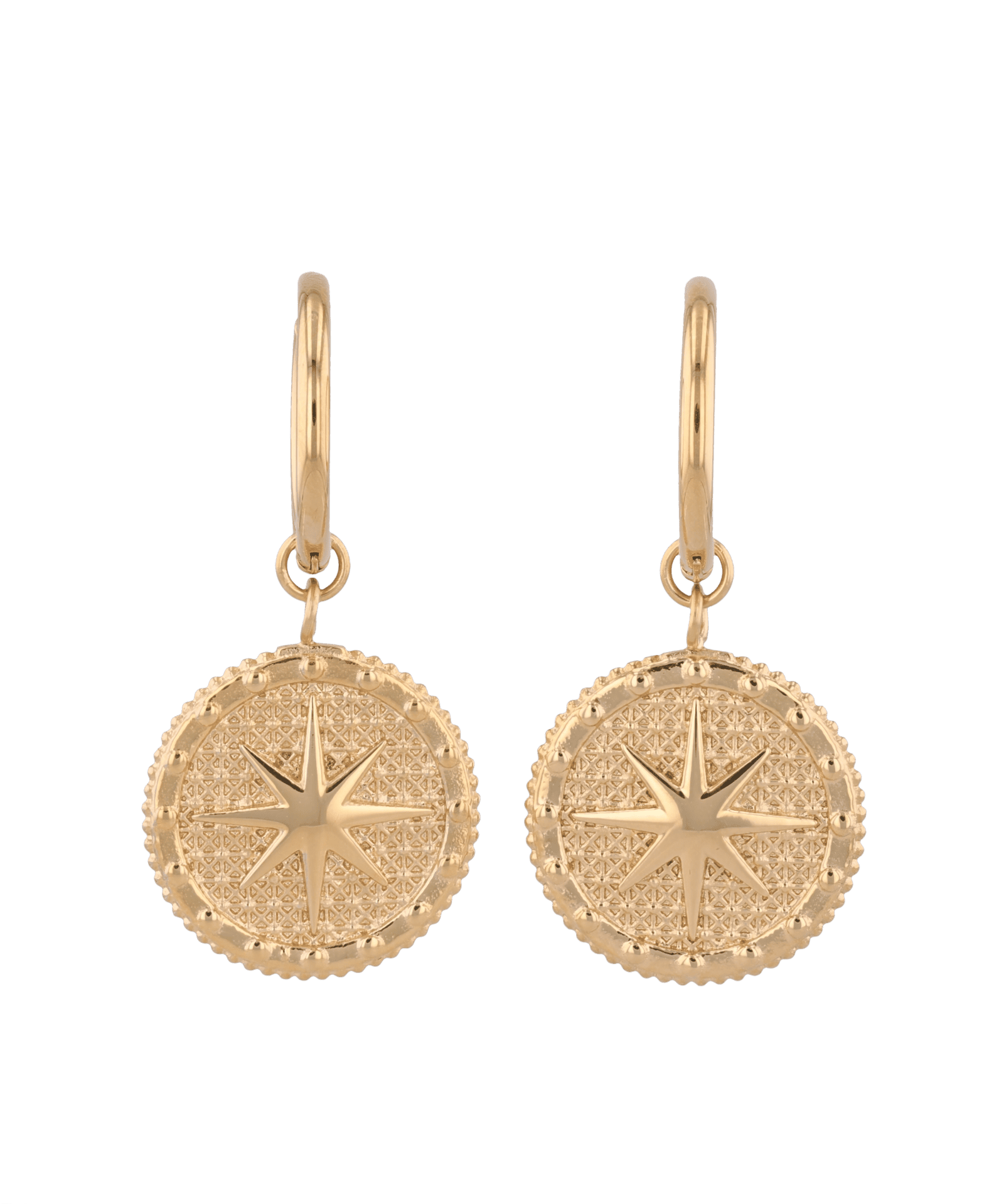 Starburst Charm Gold Huggie Earrings by LAVANA, Textured disc with raised star motif