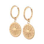 Starburst Charm Gold Huggie Earrings by LAVANA, Textured disc with raised star motif