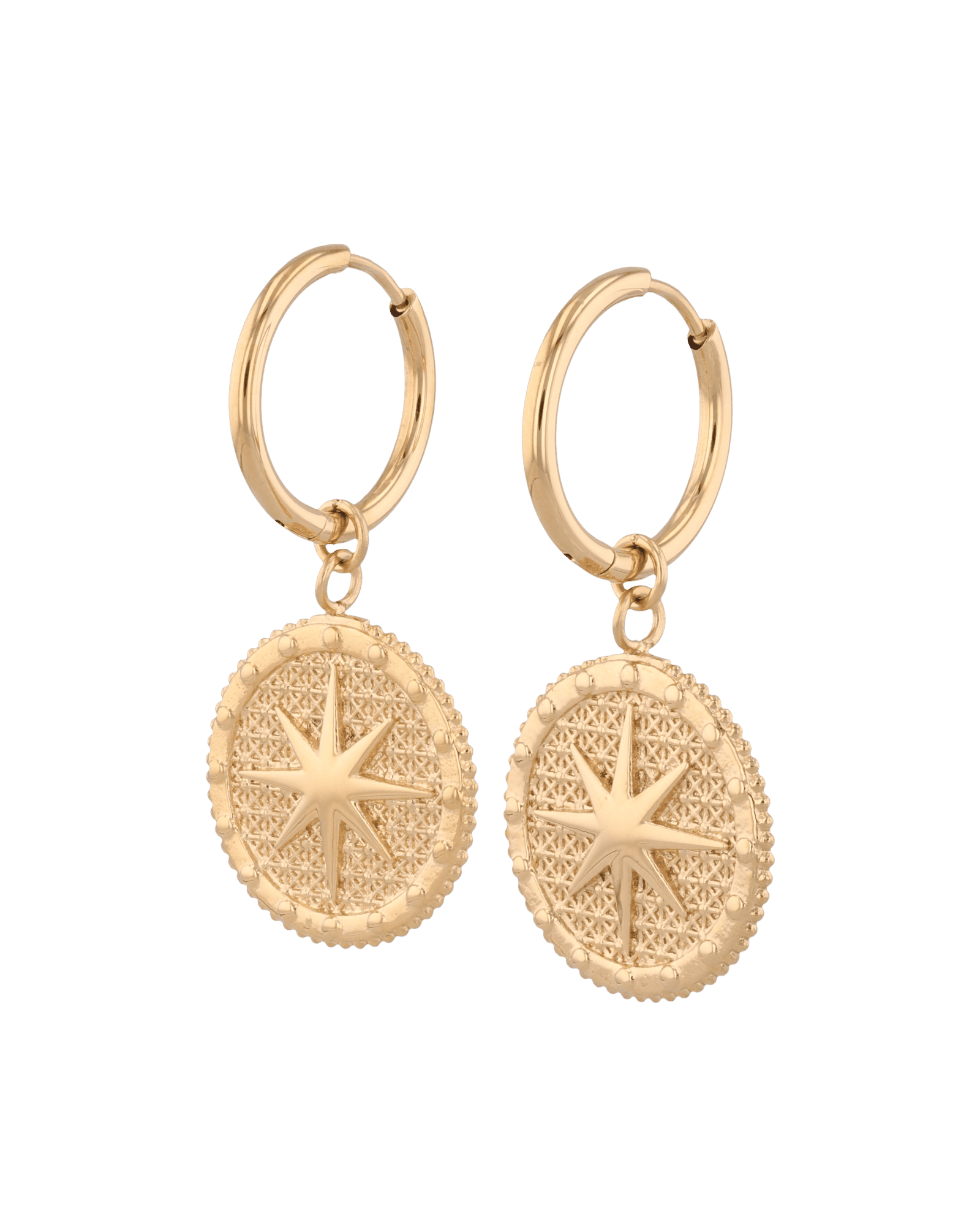 Starburst Charm Gold Huggie Earrings by LAVANA, Textured disc with raised star motif