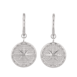 Starburst Charm Silver Huggie Earrings by LAVANA, Textured disc with raised star motif