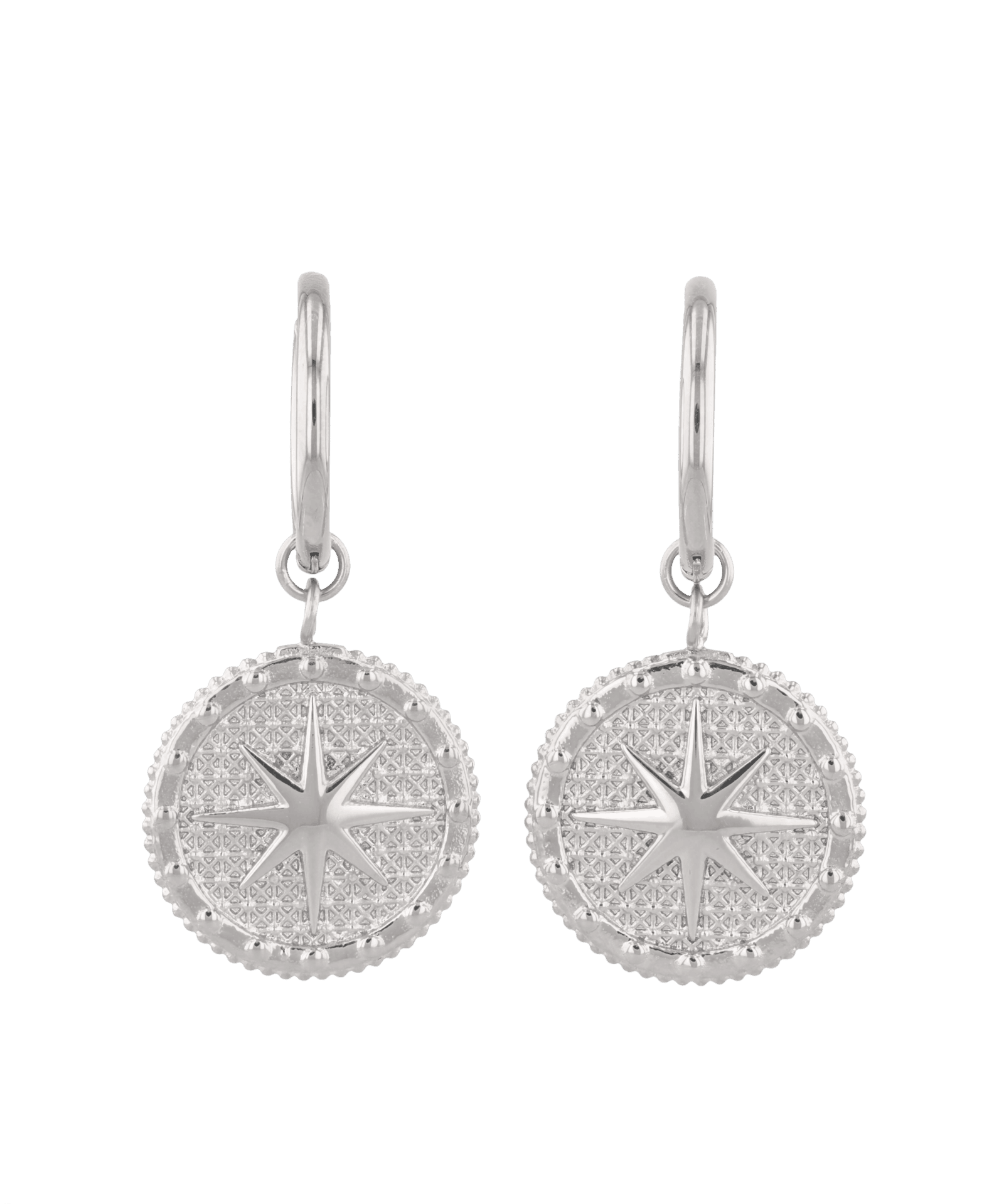 Starburst Charm Silver Huggie Earrings by LAVANA, Textured disc with raised star motif