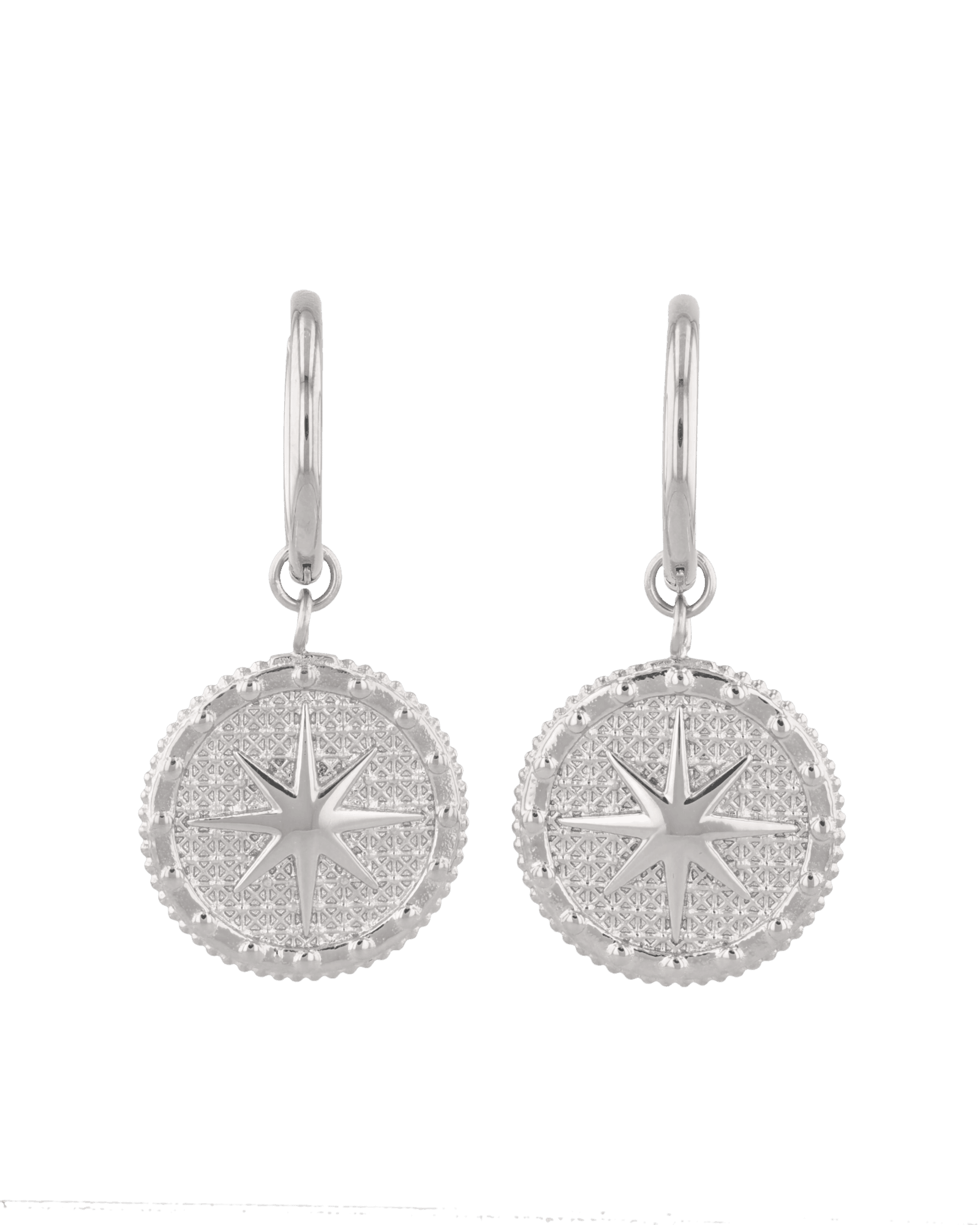 Starburst Charm Silver Huggie Earrings by LAVANA, Textured disc with raised star motif