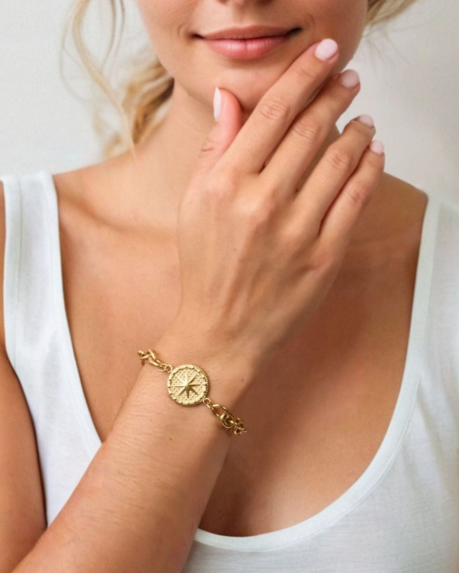 Starburst Coin Gold Bracelet by LAVANA coin pendant with engraved starburst compass