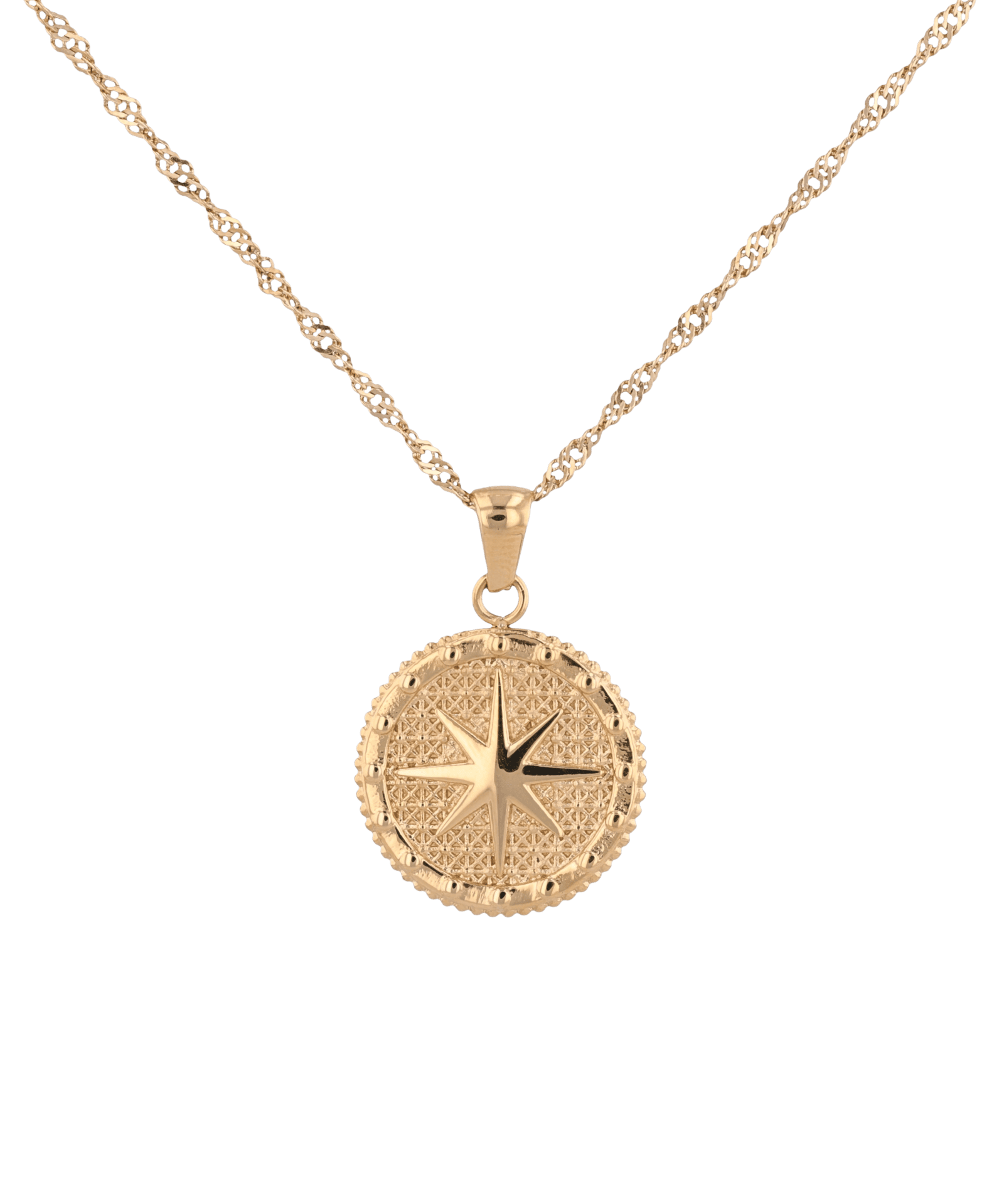 Starburst Coin Gold Necklace by Lavana, coin pendant with engraved starburst compass