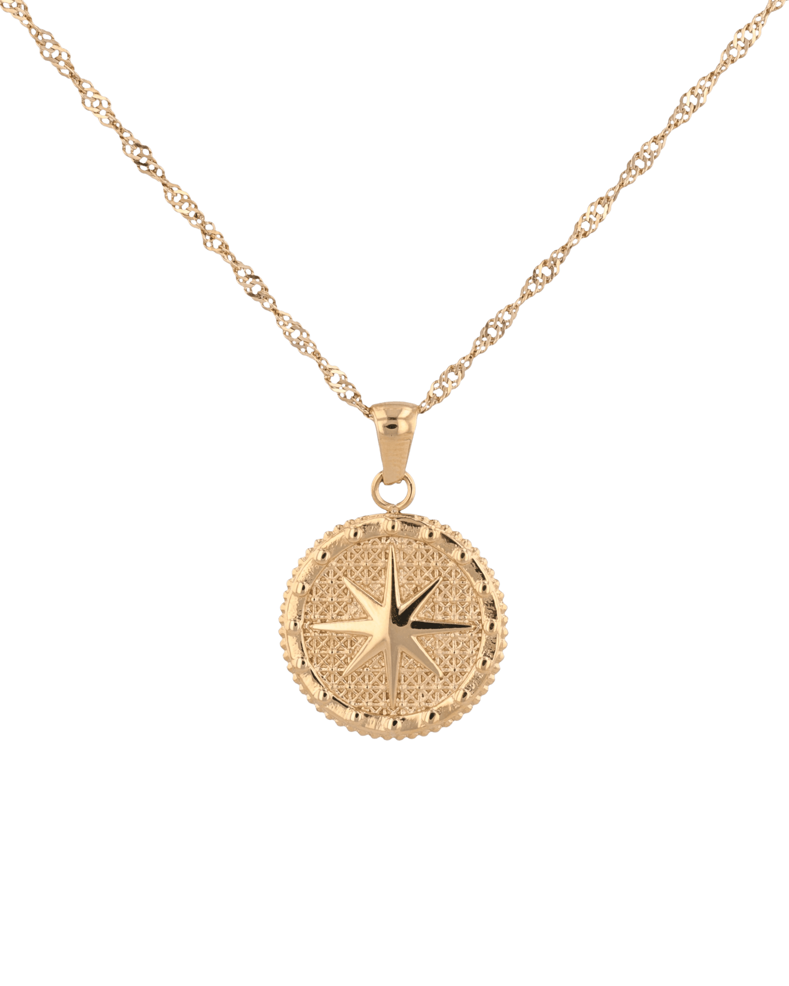 Starburst Coin Gold Necklace by Lavana, coin pendant with engraved starburst compass