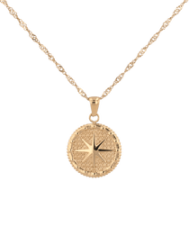Starburst Coin Gold Necklace by Lavana, coin pendant with engraved starburst compass