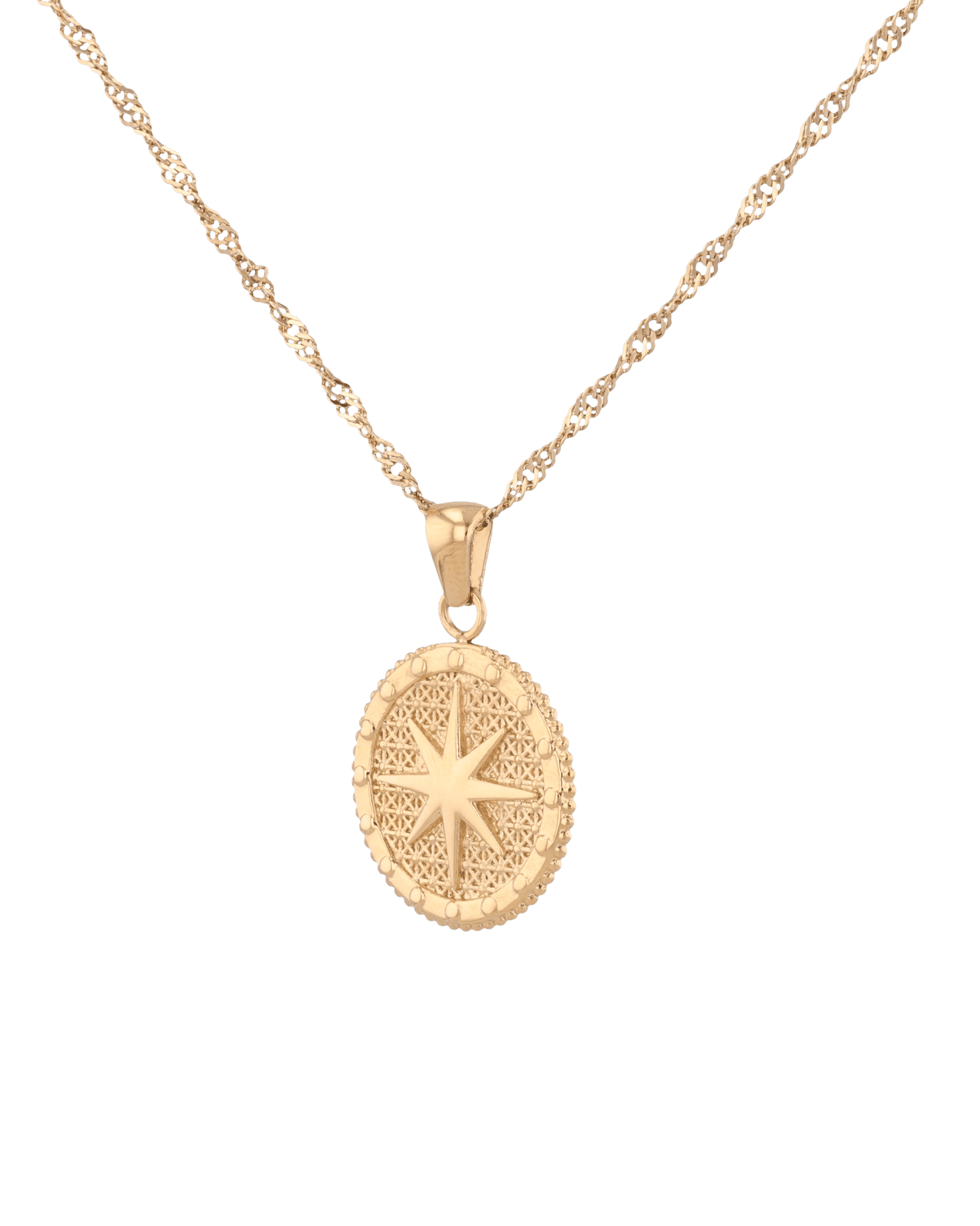 Starburst Coin Gold Necklace by Lavana, coin pendant with engraved starburst compass