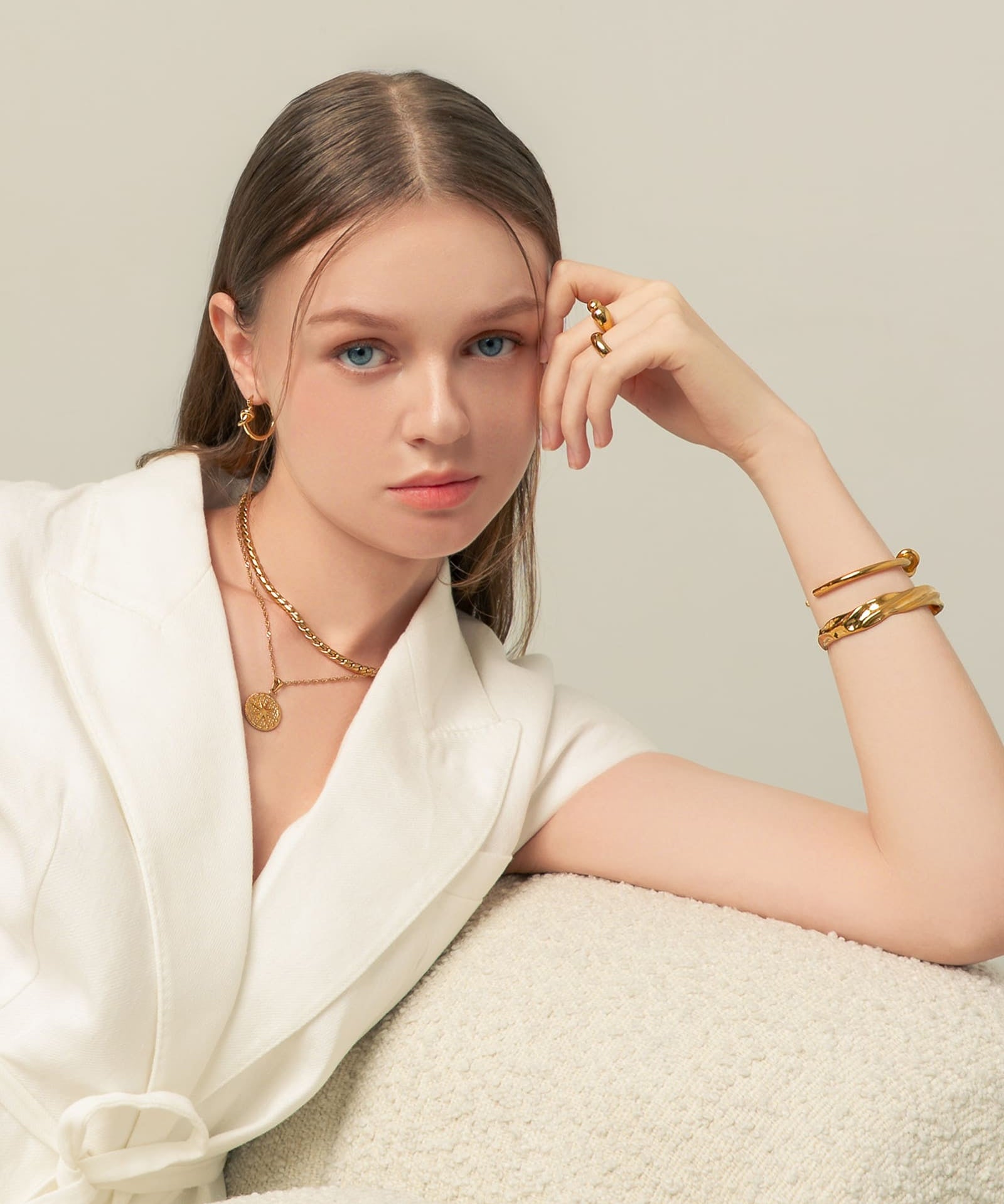 Starburst Coin Gold Necklace by Lavana, on model trendy coin pendant with engraved starburst compass