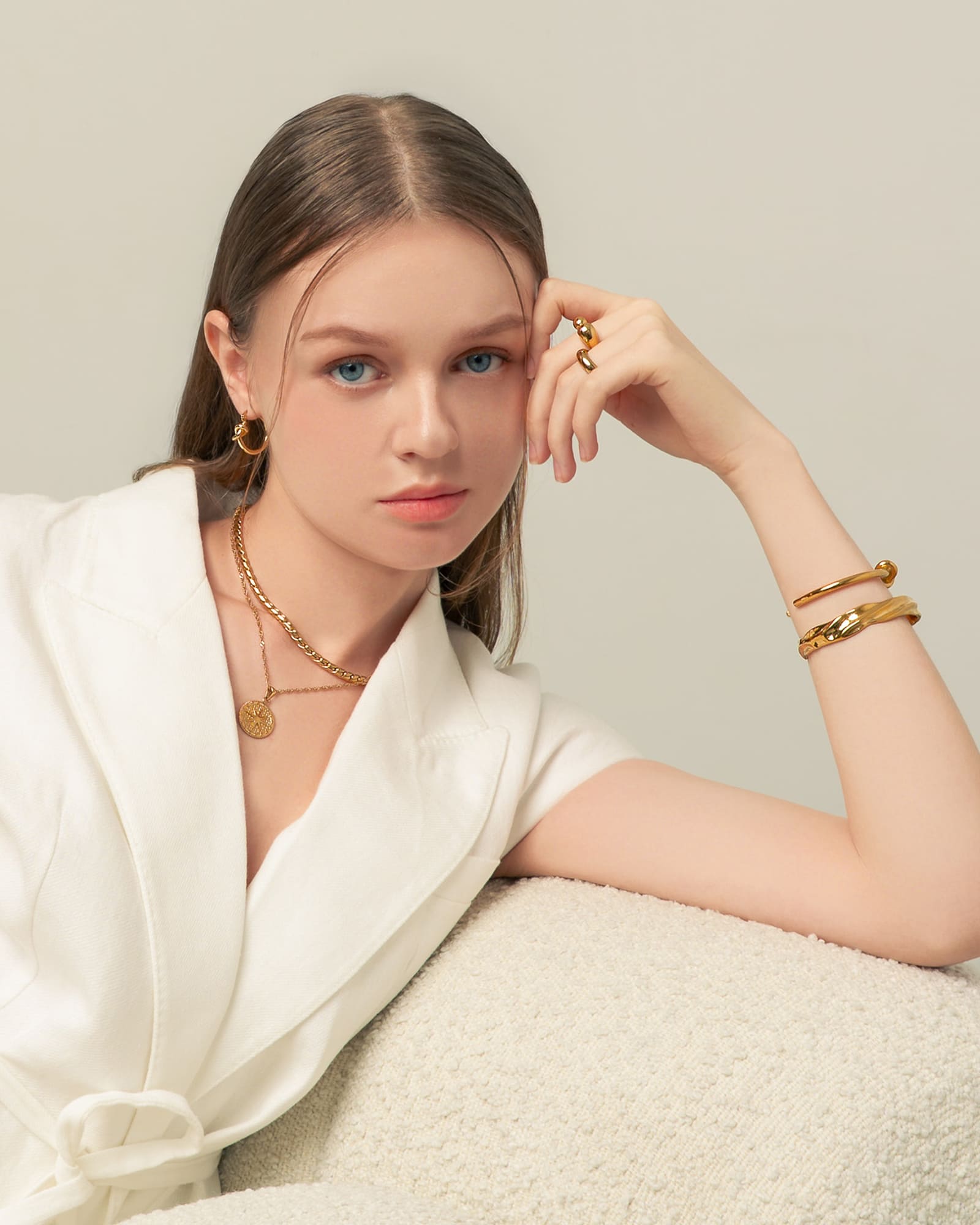 Starburst Coin Gold Necklace by Lavana, on model trendy coin pendant with engraved starburst compass