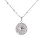 Starburst Coin Silver Necklace by Lavana, coin pendant with engraved starburst compass