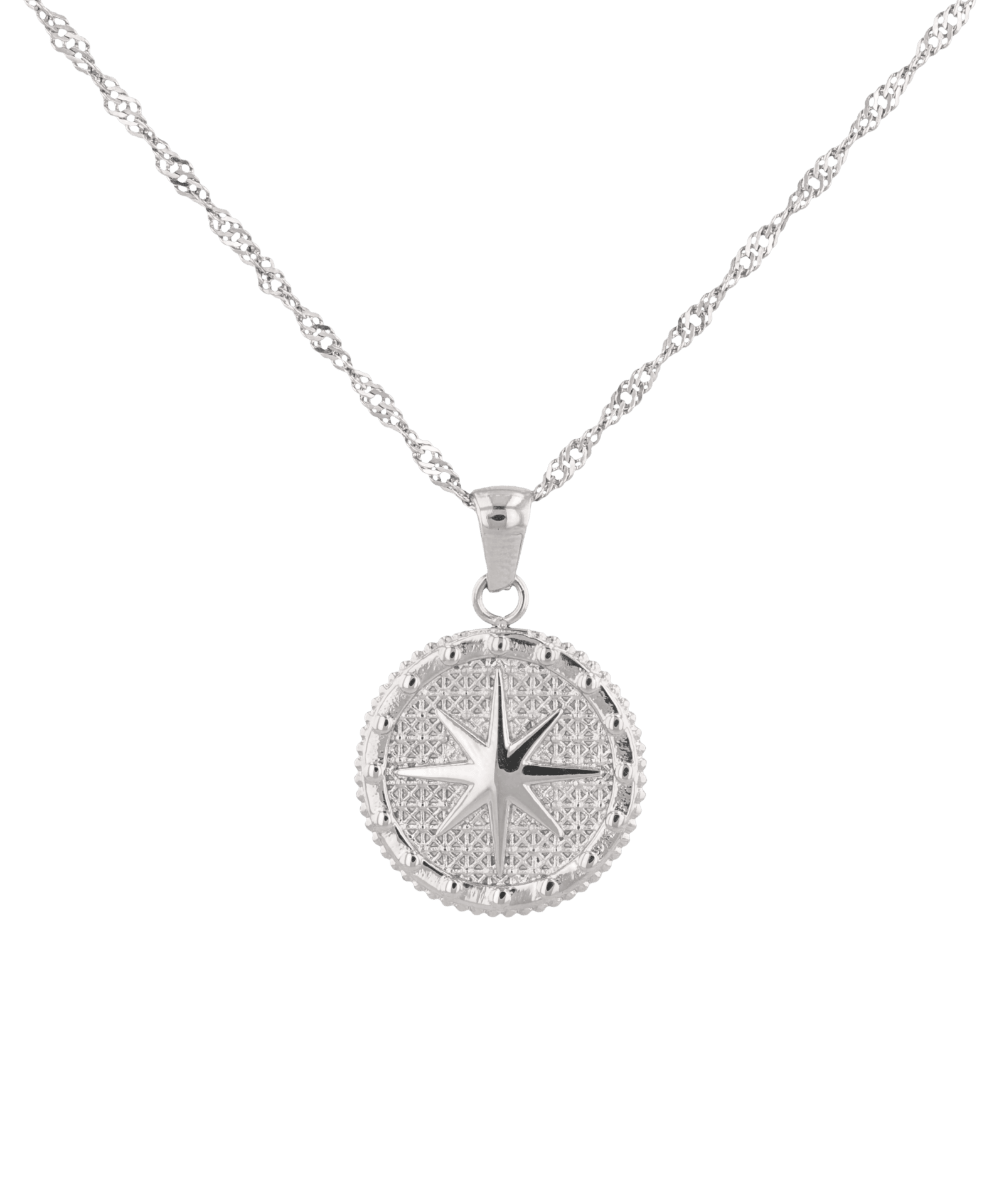 Starburst Coin Silver Necklace by Lavana, coin pendant with engraved starburst compass